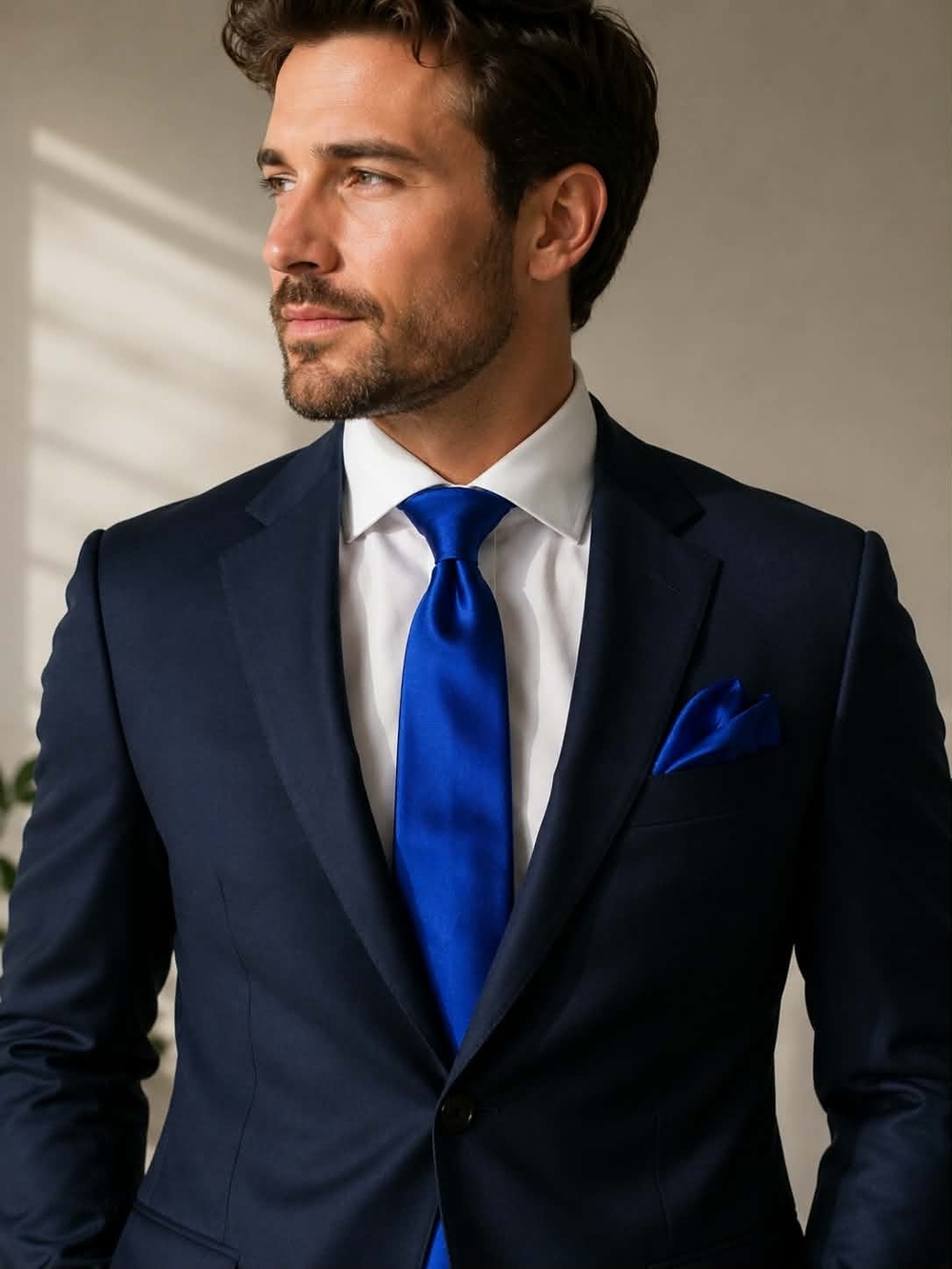 Men's Royal Blue Satin Tie and Pocket Square Set